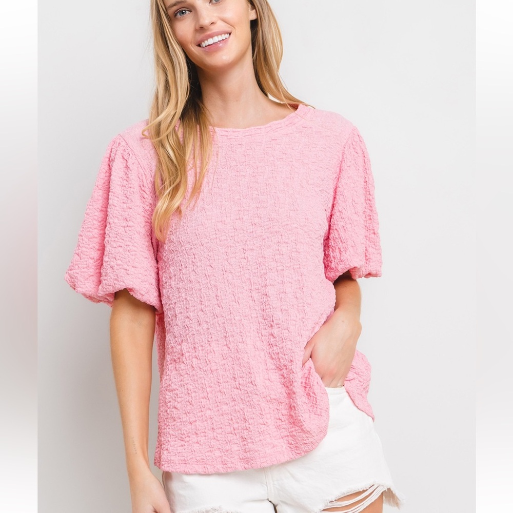 10 Solid Textured Puff Sleeve Blouse Top - Picture 4 of 6